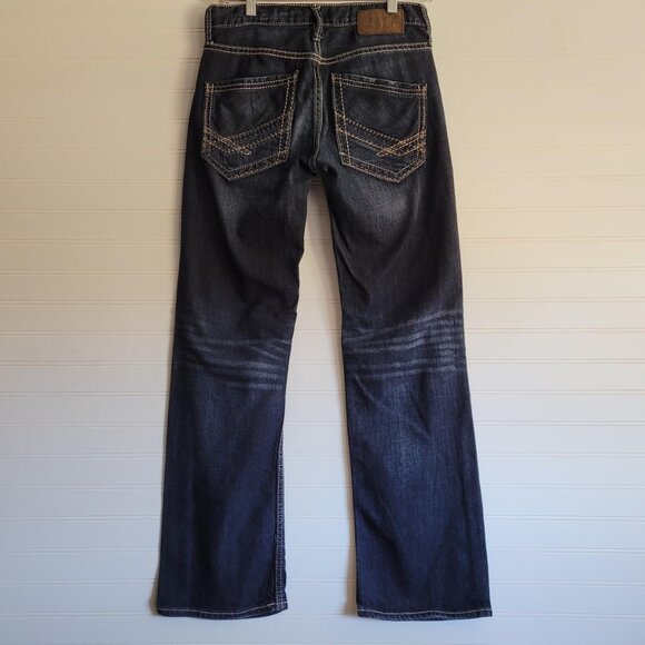 BKE Mens Jeans Size 29R Jake  Dark Wash Straight Distressing Heavy Stitching - Picture 5 of 12